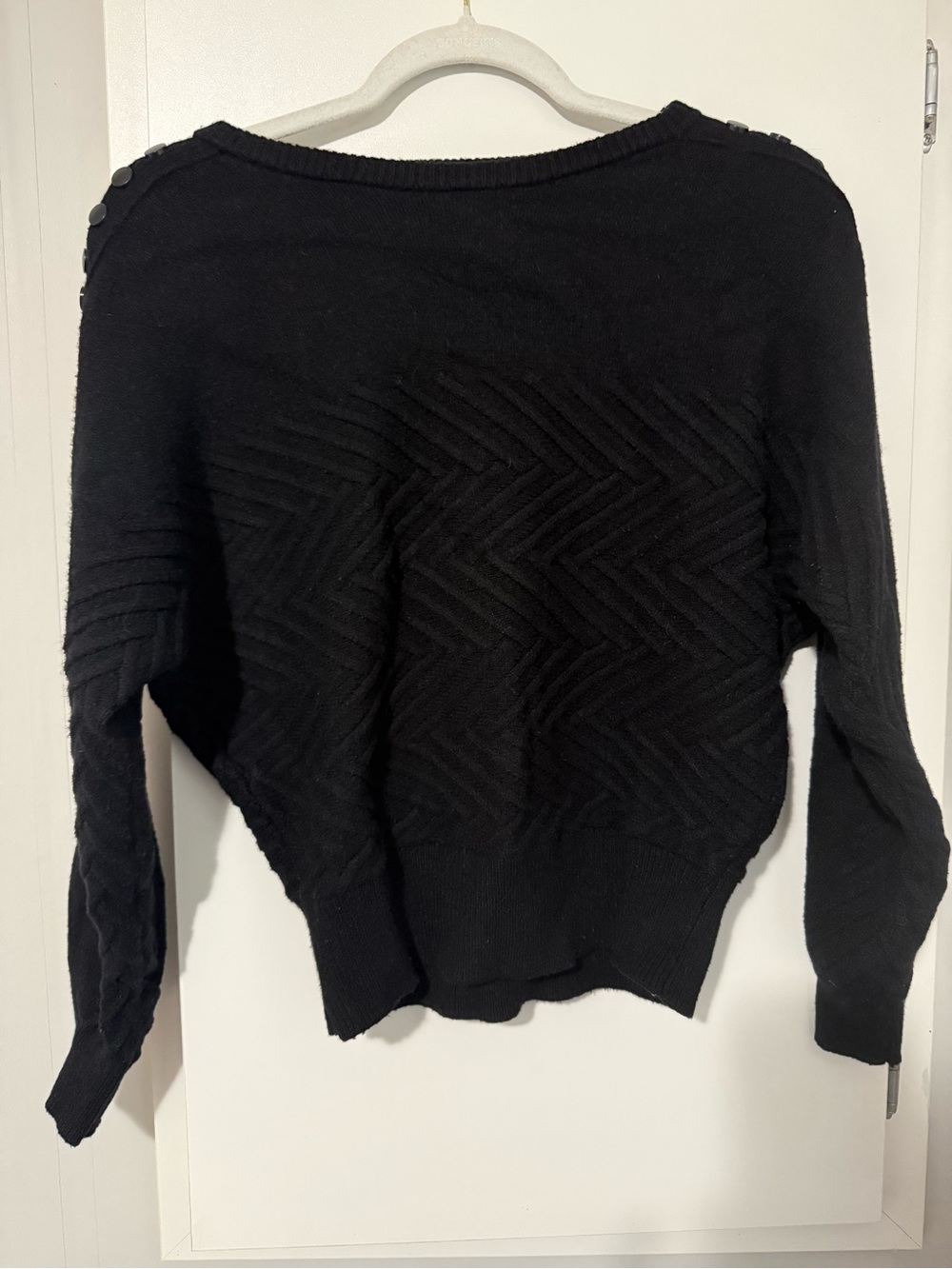 106. Black Chevron Dolman Texture Crewneck Sweater with Shoulder Buttons XS